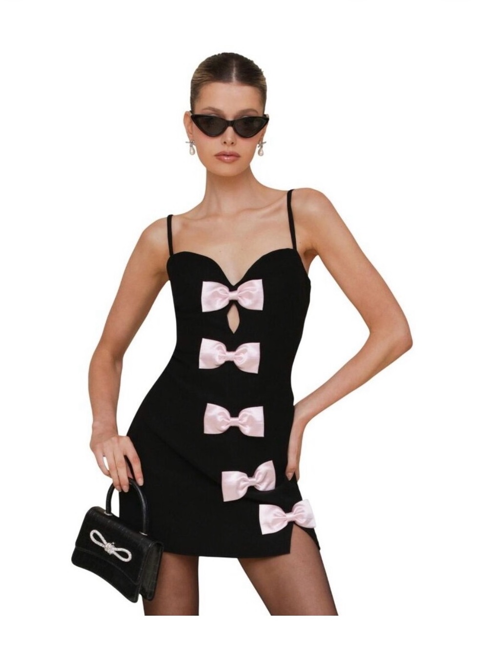 Avec Les Filles Black Mini Dress with Pink Bow Details